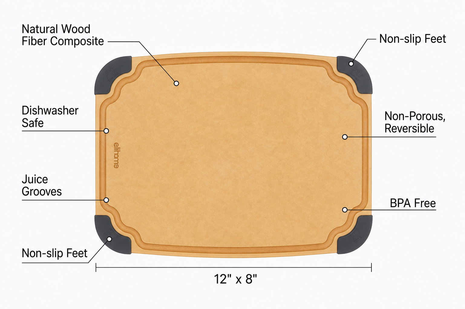 Elihome Essential Series Cutitng Board for Kitchen- Natural Wood Fiber Composite, Dishwasher Safe, Eco-Friendly, Juice Grooves, Non-slip Feet, Non-Porous, Reversible, BPA Free, Medium - 12" x 8"