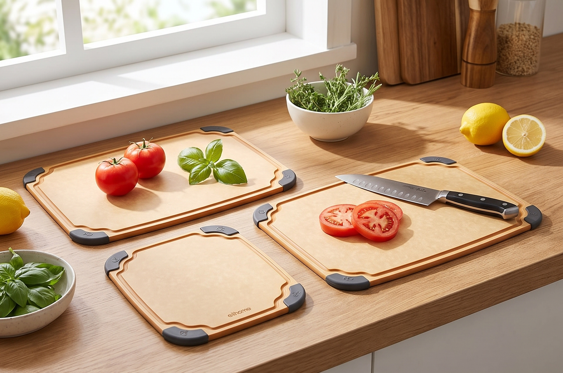 Elihome Essential Series 4-in1 Cutting Board Set for Kitchen, Dishwasher Safe, Non-slip Feet, Juice Groove, BPA Free, Reversible, 4 pieces Cutting Board Set