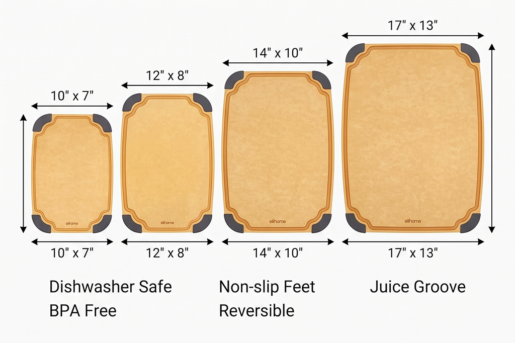 Elihome Essential Series 4-in1 Cutting Board Set for Kitchen, Dishwasher Safe, Non-slip Feet, Juice Groove, BPA Free, Reversible, 4 pieces Cutting Board Set