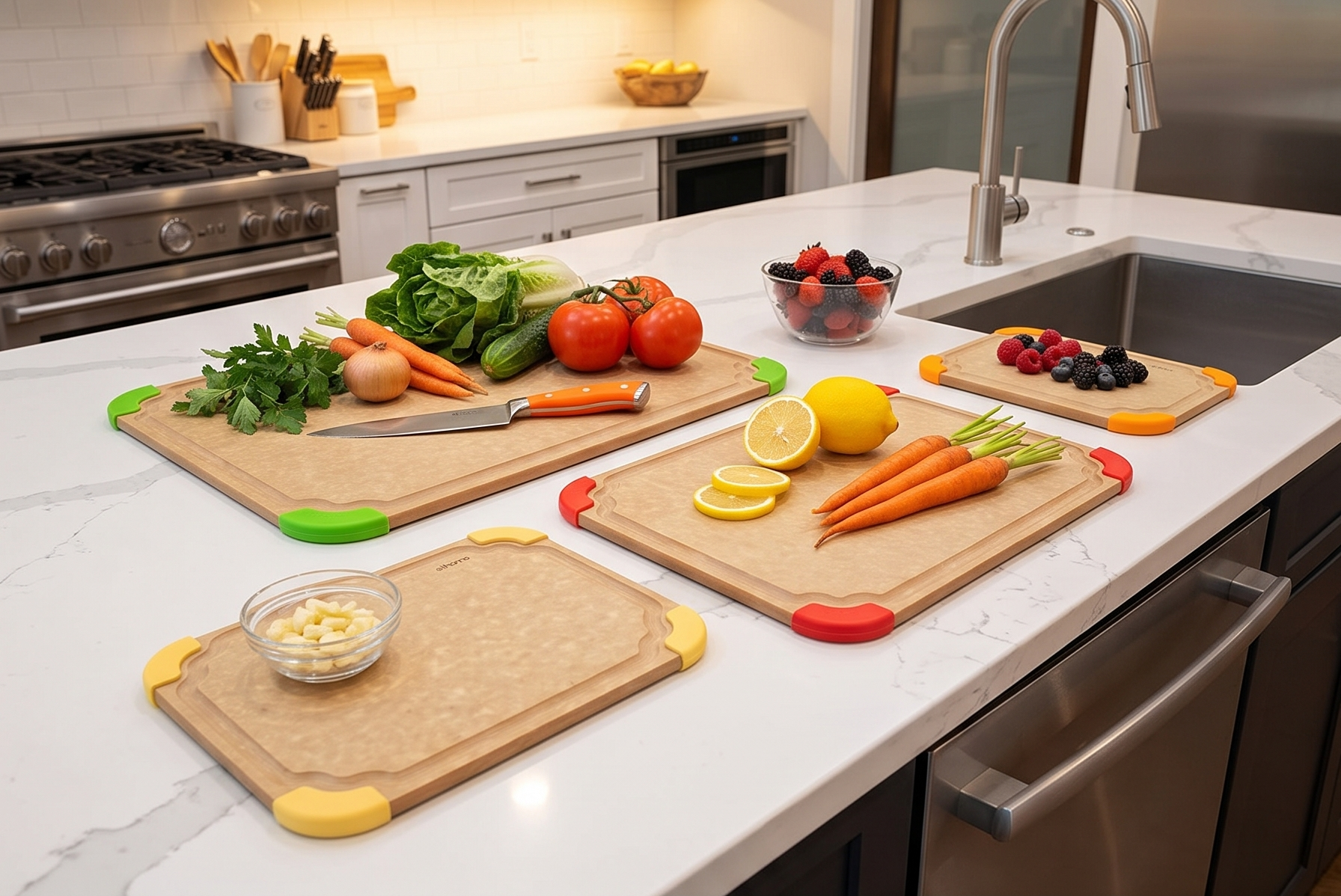 Elihome Premium Series 4-in-1 Kitchen Cutting Board Set, Non Slip Feet, Color Coded with Food Icon, Natural Wood Fiber, Dishwasher Safe, Eco-Friendly, Juice Grooves,Non Porous, BPA Free, Made in USA