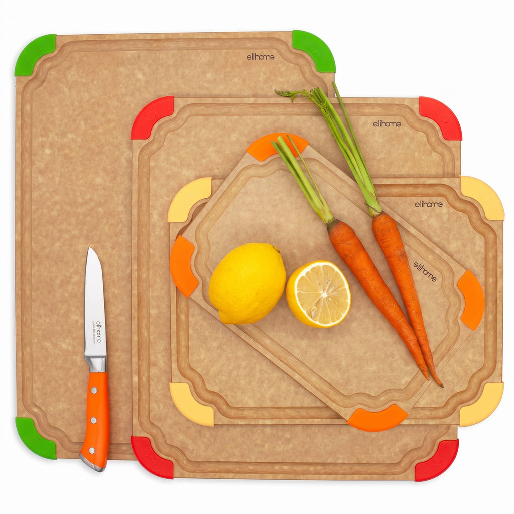 Elihome Premium Series 4-in-1 Kitchen Cutting Board Set, Non Slip Feet, Color Coded with Food Icon, Natural Wood Fiber, Dishwasher Safe, Eco-Friendly, Juice Grooves,Non Porous, BPA Free, Made in USA