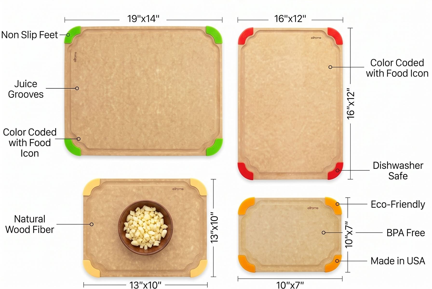 Elihome Premium Series 4-in-1 Kitchen Cutting Board Set, Non Slip Feet, Color Coded with Food Icon, Natural Wood Fiber, Dishwasher Safe, Eco-Friendly, Juice Grooves,Non Porous, BPA Free, Made in USA