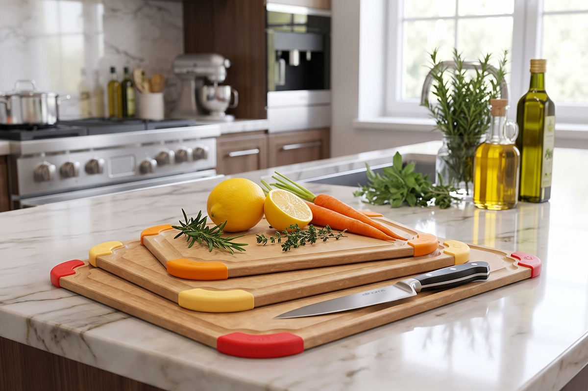 Premium Series 3 in 1 Kitchen Cutting Board Set Non Slip Feet Color Coded with Food Icon Natural Wood Fiber Dishwasher Safe Eco Friendly Juice Grooves Non Porous BPA Free Made in USA