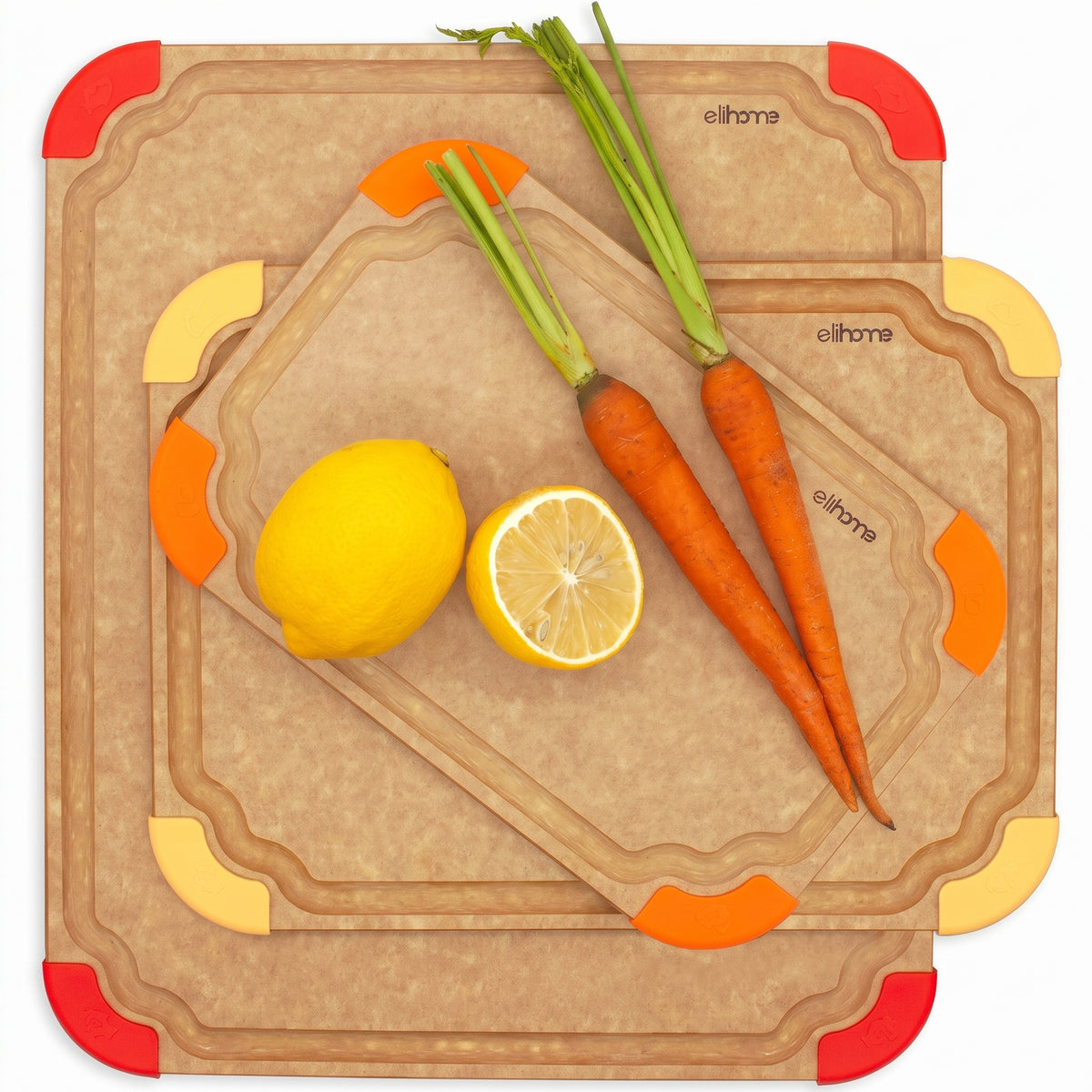 Premium Series 3 in 1 Kitchen Cutting Board Set Non Slip Feet Color Coded with Food Icon Natural Wood Fiber Dishwasher Safe Eco Friendly Juice Grooves Non Porous BPA Free Made in USA
