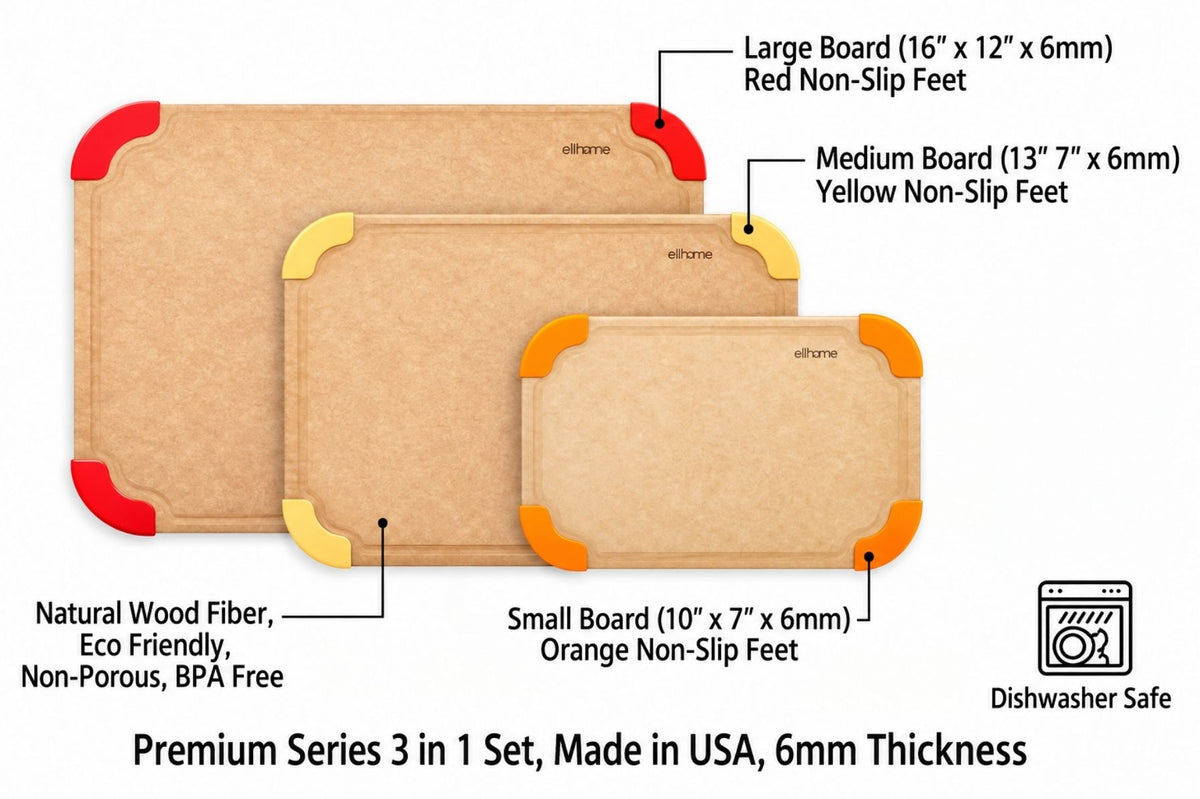 Premium Series 3 in 1 Kitchen Cutting Board Set Non Slip Feet Color Coded with Food Icon Natural Wood Fiber Dishwasher Safe Eco Friendly Juice Grooves Non Porous BPA Free Made in USA