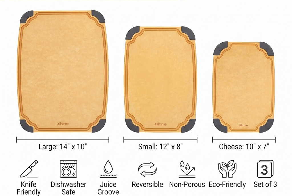 Elihome Essential Series 3-in-1 Cutting Board Set, Knife Friendly, Dishwasher Safe, Juice Groove, Reversible, Non-Porous, Eco-Friendly, Set of 3