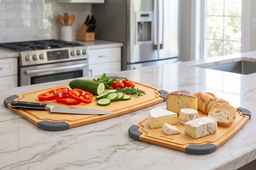 Elihome Essential Series 2-in1 Wood Cutting Board Set for Kitchen, Wooden Board for Chopping Vegetables, Bread, Cheese, Meat, Salad, Bread Board for Countertop, Butcher Block, Non-Slip