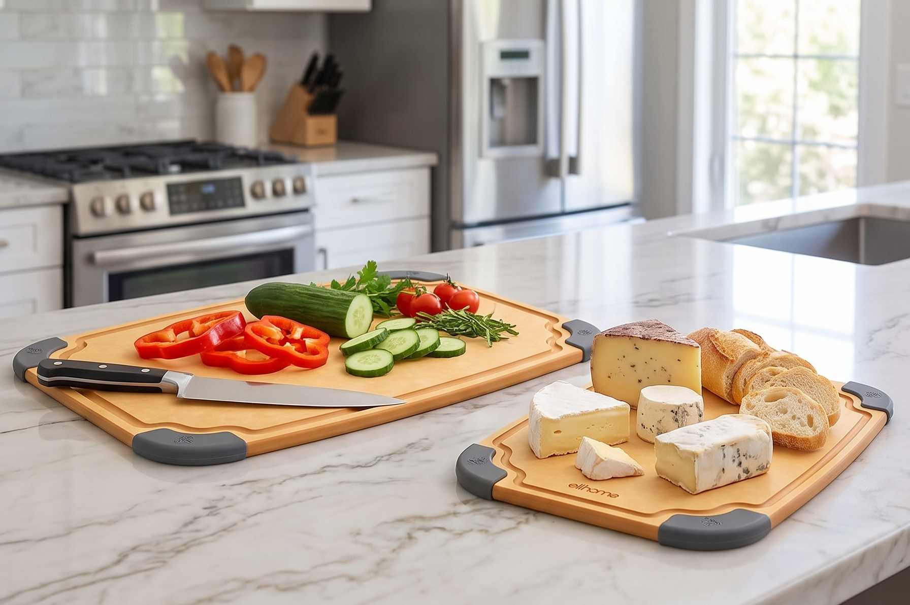 Elihome Essential Series 2-in1 Wood Cutting Board Set for Kitchen, Wooden Board for Chopping Vegetables, Bread, Cheese, Meat, Salad, Bread Board for Countertop, Butcher Block, Non-Slip
