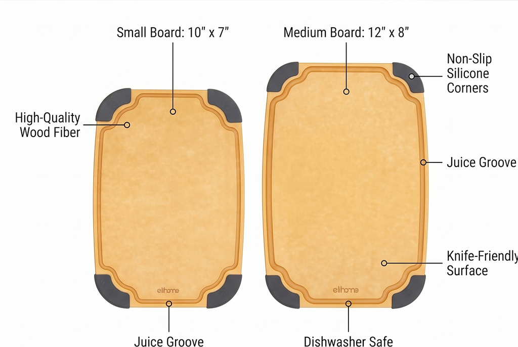 Elihome Essential Series 2-in1 Wood Cutting Board Set for Kitchen, Wooden Board for Chopping Vegetables, Bread, Cheese, Meat, Salad, Bread Board for Countertop, Butcher Block, Non-Slip