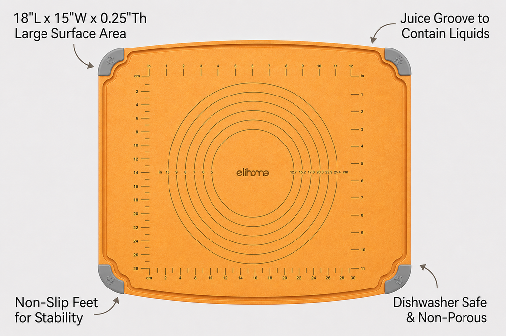 Elihome Essential Baking Pastry & Cutting Board for Kitchen, Wood Fiber Cutting Board for Kitchen, Knife Friendly, Dishwasher Safe, Non-Slip Feet, Juice Groove, Non-Porous, Eco Friendly, 15" x 18"
