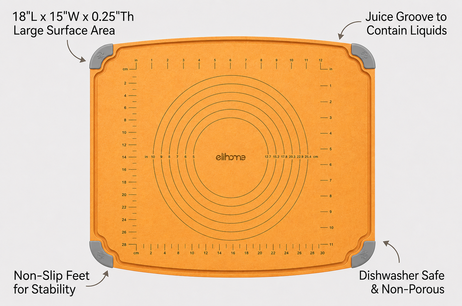Elihome Essential Baking Pastry & Cutting Board for Kitchen, Wood Fiber Cutting Board for Kitchen, Knife Friendly, Dishwasher Safe, Non-Slip Feet, Juice Groove, Non-Porous, Eco Friendly, 15" x 18"
