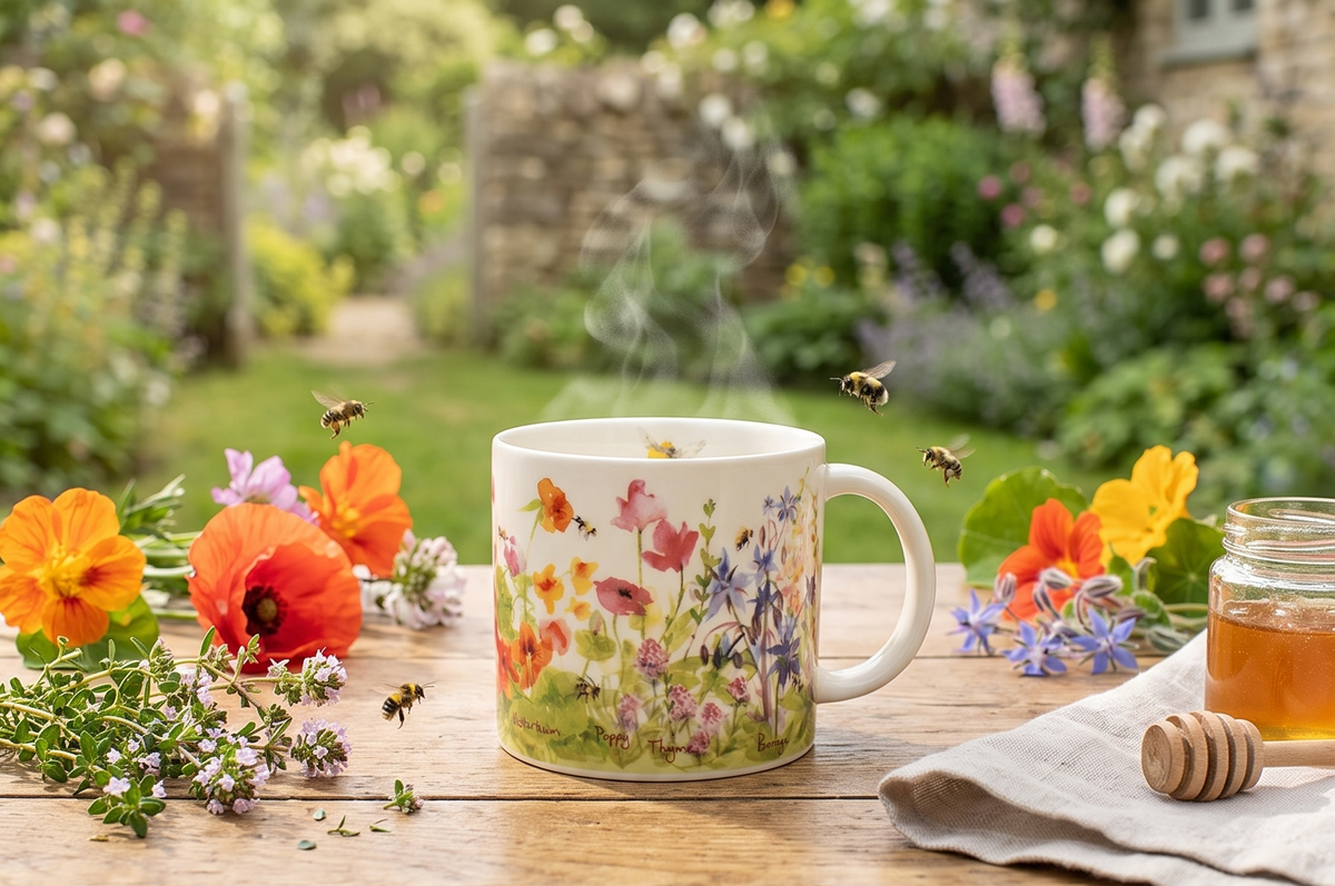The Unemployed Philosophers Guild Bee Garden Coffee Mug - Features Beautiful Watercolor Flowers and Buzzing Bees - Comes In A Fun Gift Box, 14 oz