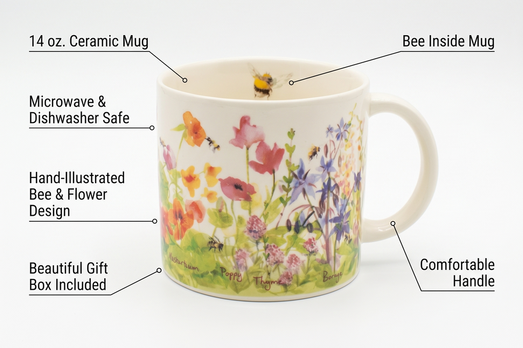 The Unemployed Philosophers Guild Bee Garden Coffee Mug - Features Beautiful Watercolor Flowers and Buzzing Bees - Comes In A Fun Gift Box, 14 oz