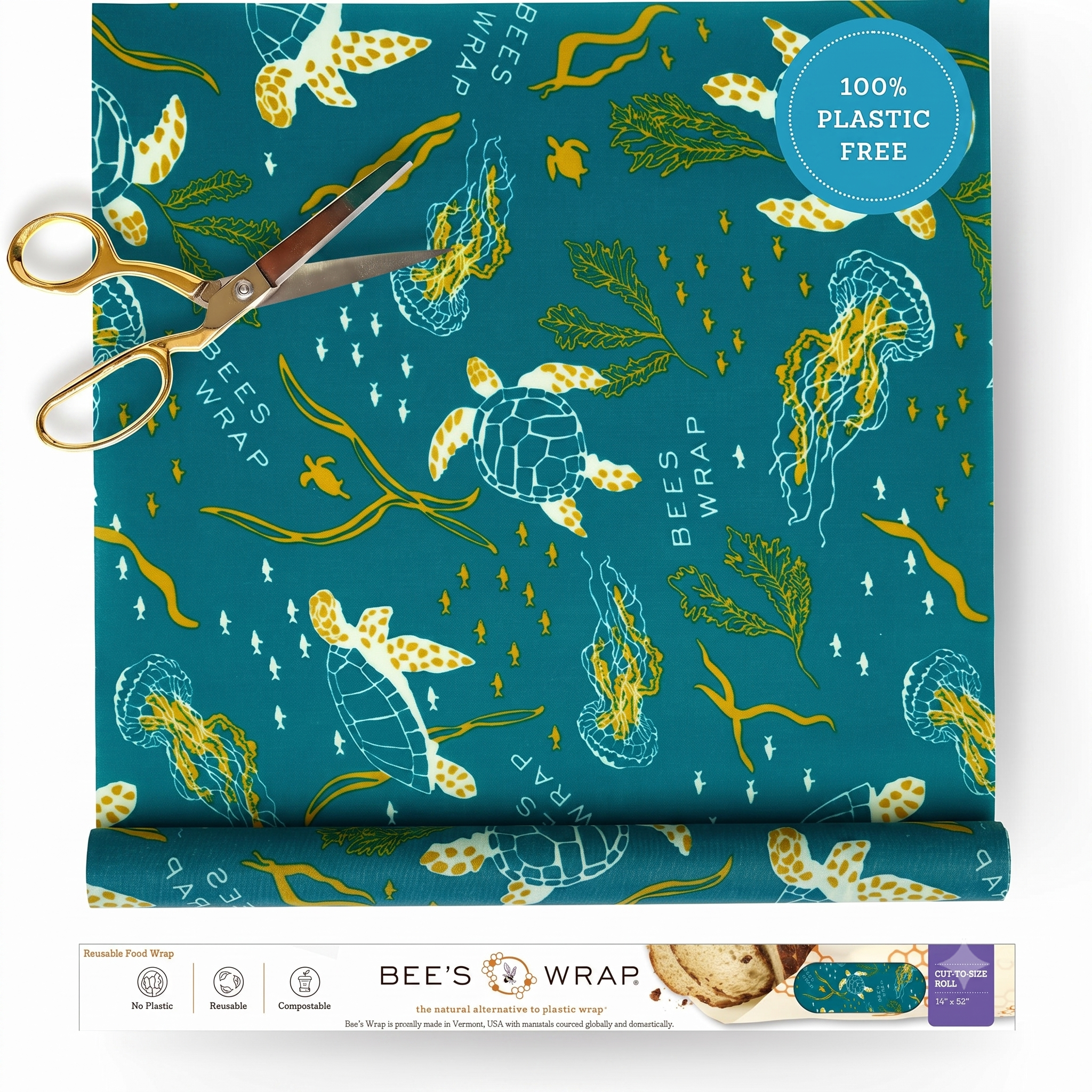 Bee's Wrap Beeswax Wraps for Food - Cut to Size 14x52" Beeswax Wrap Roll - Plastic Free Made in USA Reusable Natural Food Wrap - Ocean