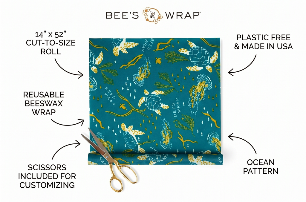 Bee's Wrap Beeswax Wraps for Food - Cut to Size 14x52" Beeswax Wrap Roll - Plastic Free Made in USA Reusable Natural Food Wrap - Ocean