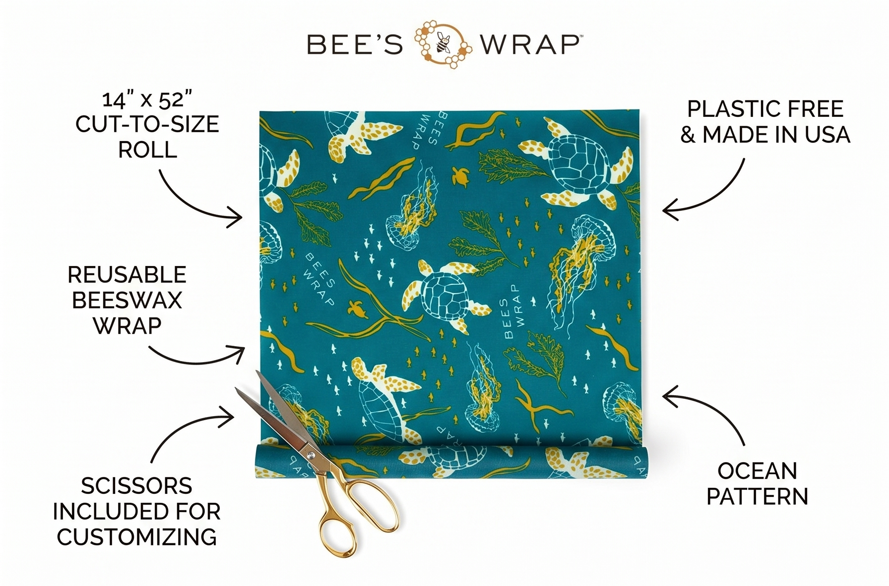 Bee's Wrap Beeswax Wraps for Food - Cut to Size 14x52" Beeswax Wrap Roll - Plastic Free Made in USA Reusable Natural Food Wrap - Ocean