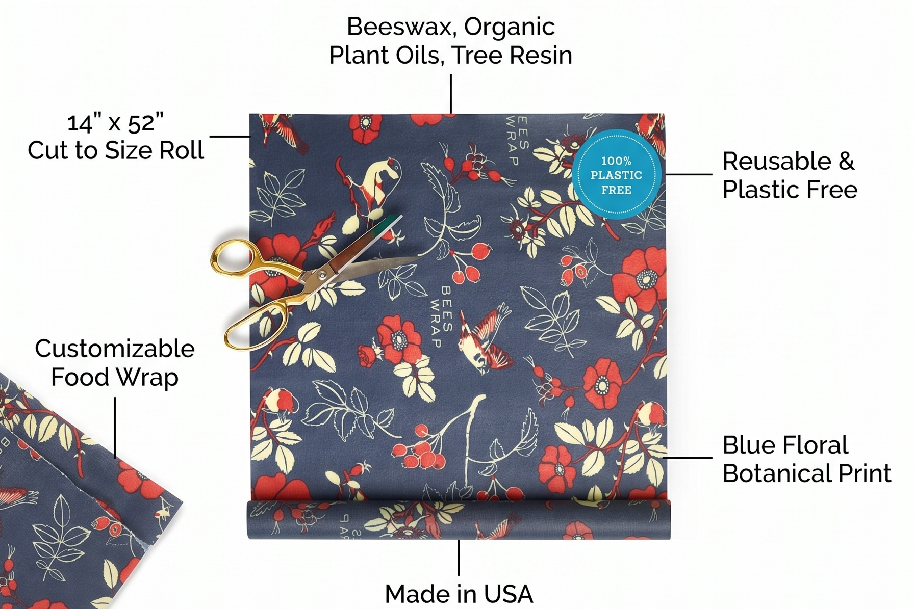 Bee's Wrap Beeswax Wraps for Food - Cut to Size 14x52" Beeswax Wrap Roll - Plastic Free Made in USA Reusable Natural Food Wrap - Botanical