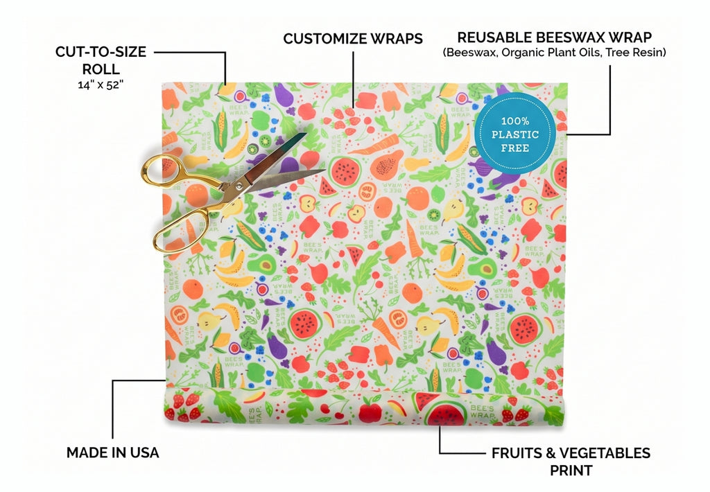 Bee's Wrap Beeswax Wraps for Food - Cut to Size 14x52" Beeswax Wrap Roll - Plastic Free Made in USA Reusable Natural Food Wrap - Garden Party