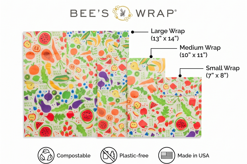 Bee's Wrap Beeswax Wraps for Food - 3 Pack of Assorted Beeswax Wraps - Small, Medium & Large Wrap - Plastic Free Made in USA Reusable Natural Food Wrap - Garden Party Print