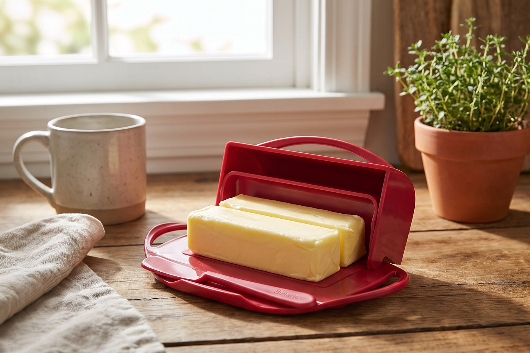 Butterie Flip Top Butter Dish with Attached Lid & Matching Knife - Holds 2 Sticks, Fits Kerrygold/European Butter - BPA Free & Dishwasher Safe - Red