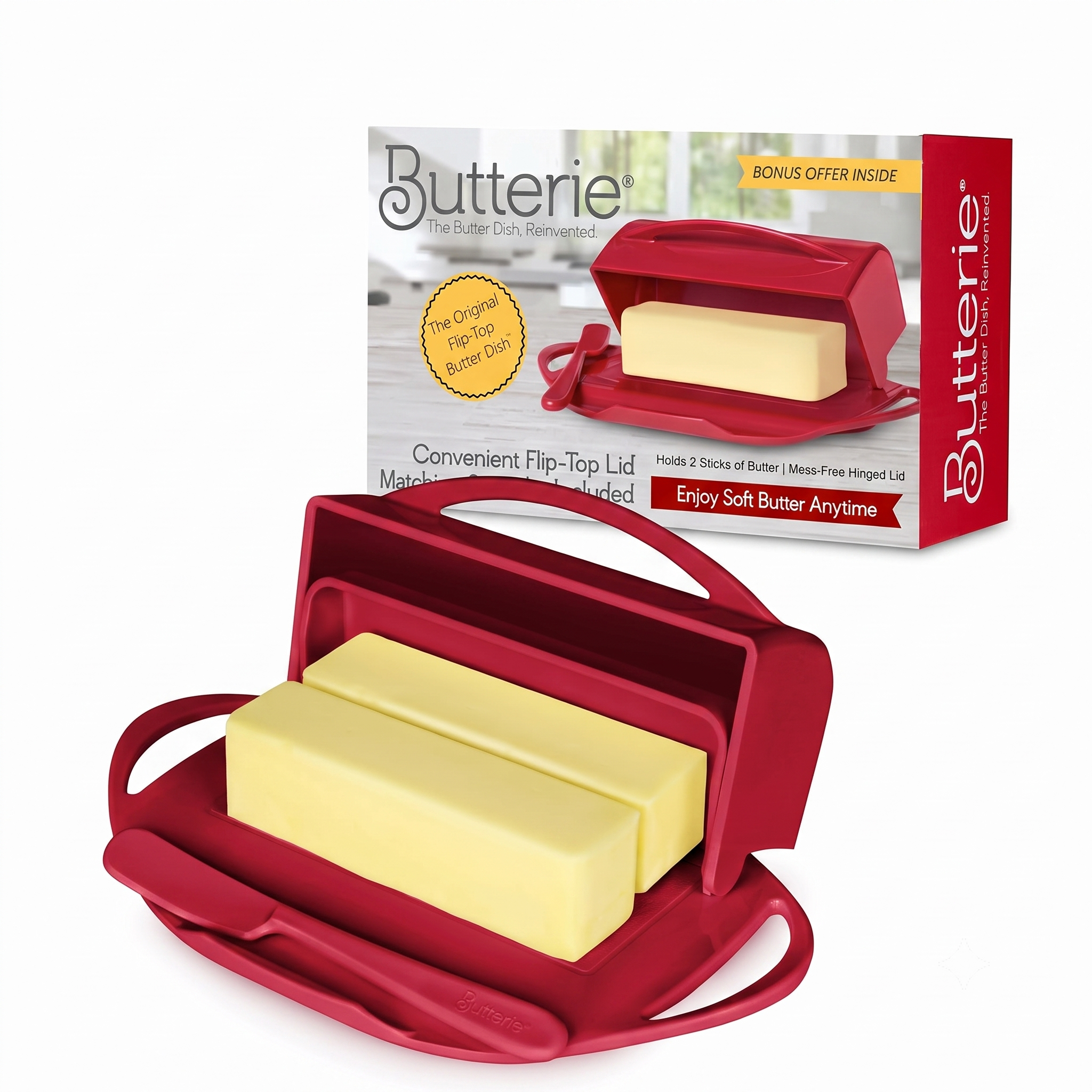 Butterie Flip Top Butter Dish with Attached Lid & Matching Knife - Holds 2 Sticks, Fits Kerrygold/European Butter - BPA Free & Dishwasher Safe - Red