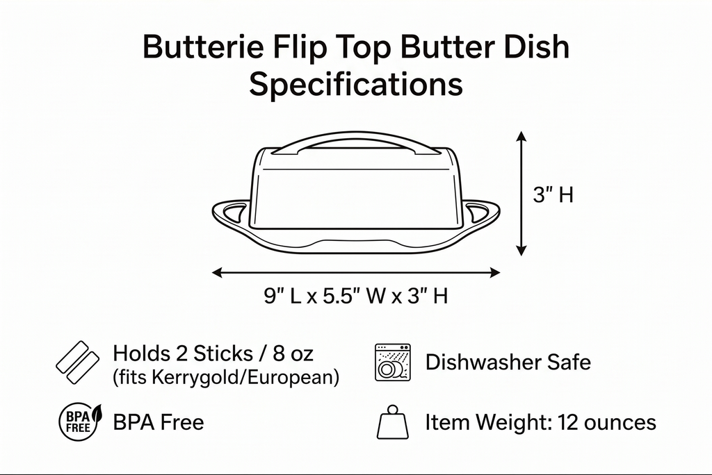 Butterie Flip Top Butter Dish with Attached Lid & Matching Knife - Holds 2 Sticks, Fits Kerrygold/European Butter - BPA Free & Dishwasher Safe - Red