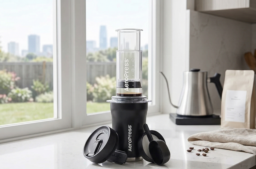 AeroPress Go Plus, Small Portable Coffee Maker Kit, Travel, Camping & Office, All-in-One French Press, Pour-Over & Espresso Style Manual Brewer, 2 Min Brew for Less Bitterness, More Flavor, Black