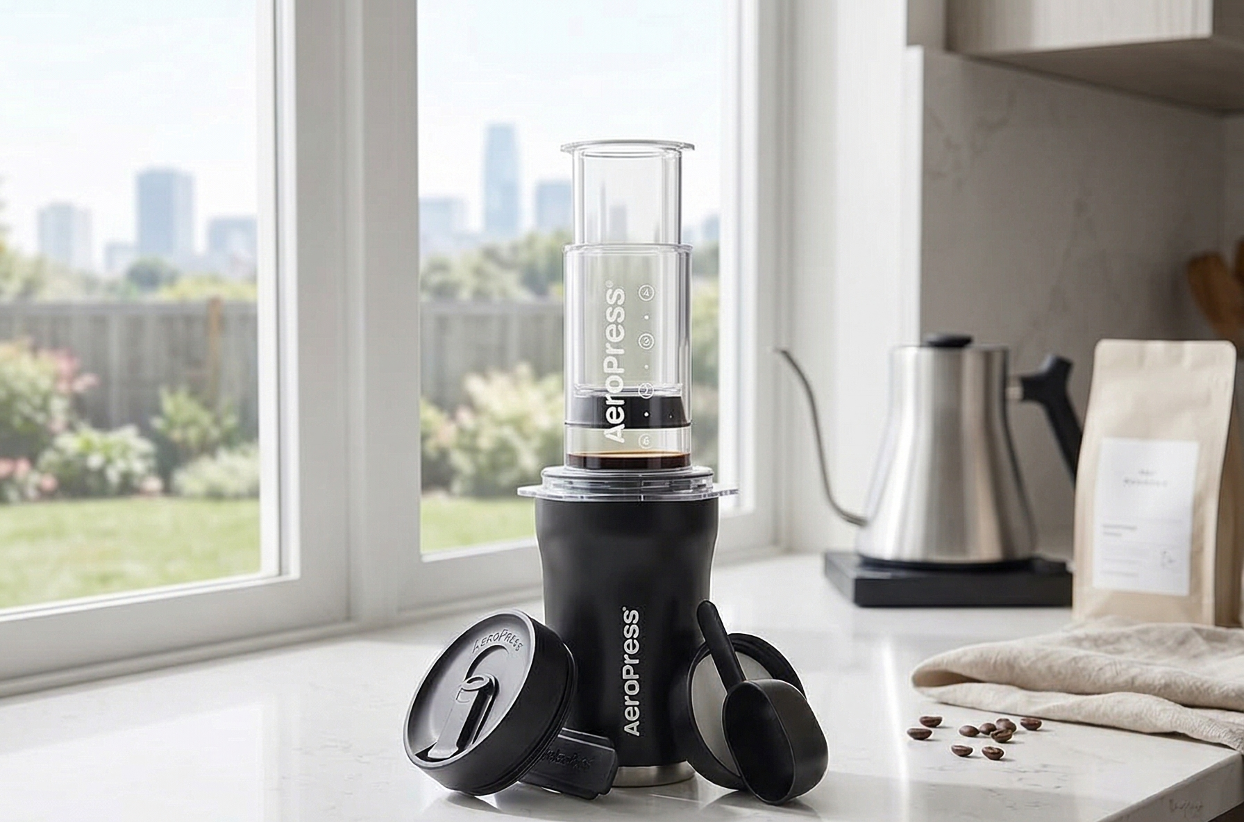 AeroPress Go Plus, Small Portable Coffee Maker Kit, Travel, Camping & Office, All-in-One French Press, Pour-Over & Espresso Style Manual Brewer, 2 Min Brew for Less Bitterness, More Flavor, Black