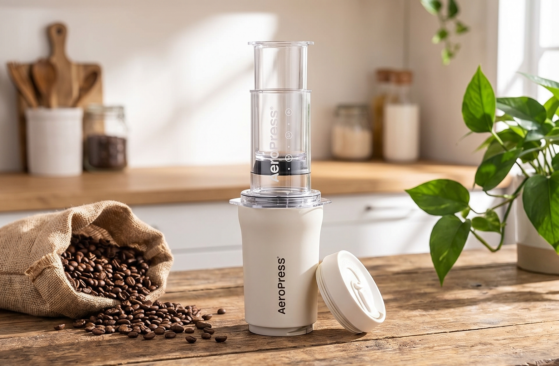 AeroPress Go Plus, Small Portable Coffee Maker Kit, Travel, Camping & Office, All-in-One French Press, Pour-Over & Espresso Style Manual Brewer, 2 Min Brew for Less Bitterness, More Flavor, Cream