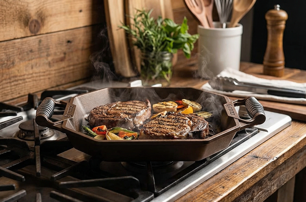 FINEX 12" Cast Iron Grill Pan, Modern Heirloom, Handcrafted in The USA, Pre-Seasoned with Organic Flaxseed Oil