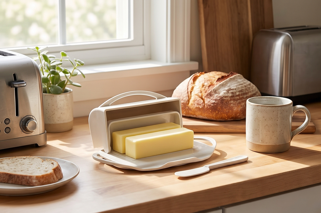 Butterie Flip Top Butter Dish with Attached Lid & Matching Knife - Holds 2 Sticks, Fits Kerrygold/European Butter - BPA Free & Dishwasher Safe - Ivory