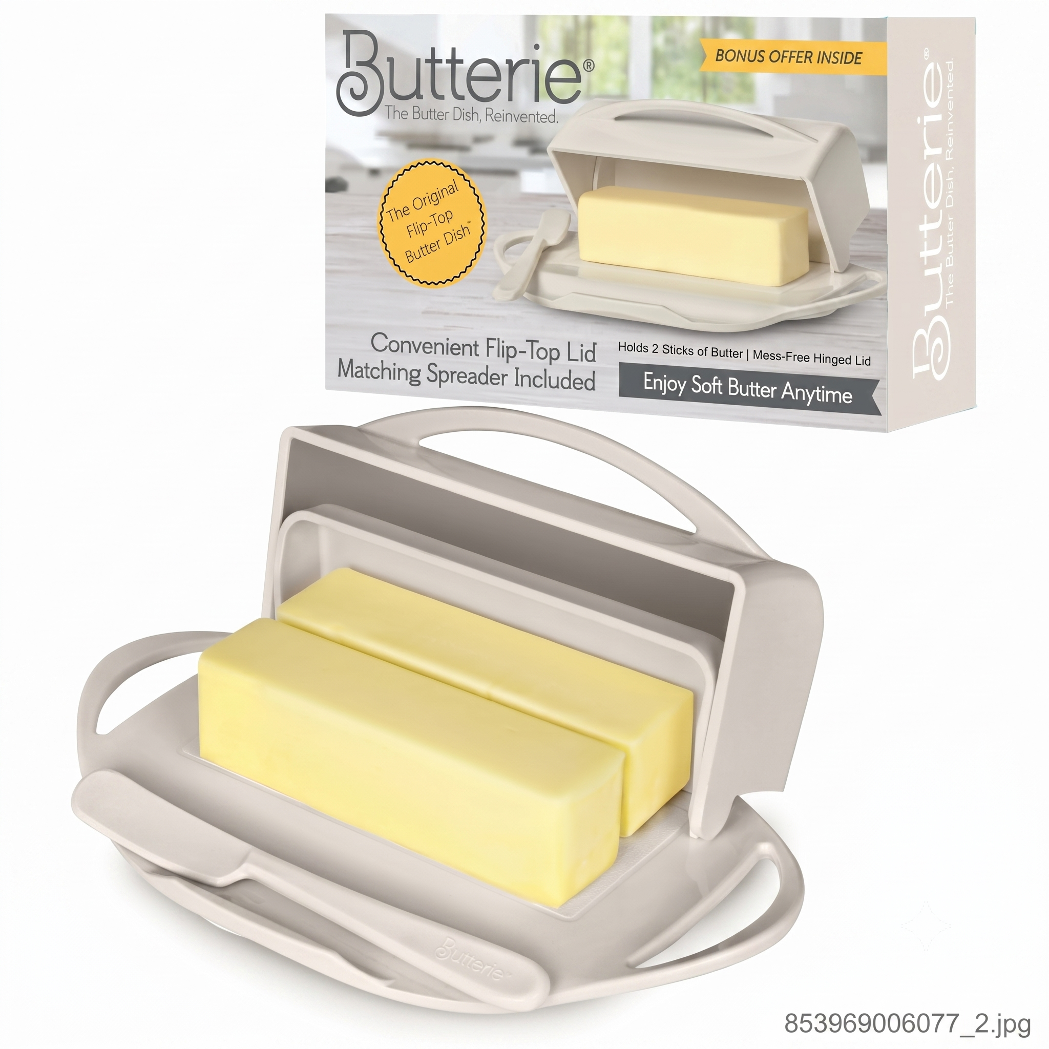 Butterie Flip Top Butter Dish with Attached Lid & Matching Knife - Holds 2 Sticks, Fits Kerrygold/European Butter - BPA Free & Dishwasher Safe - Ivory