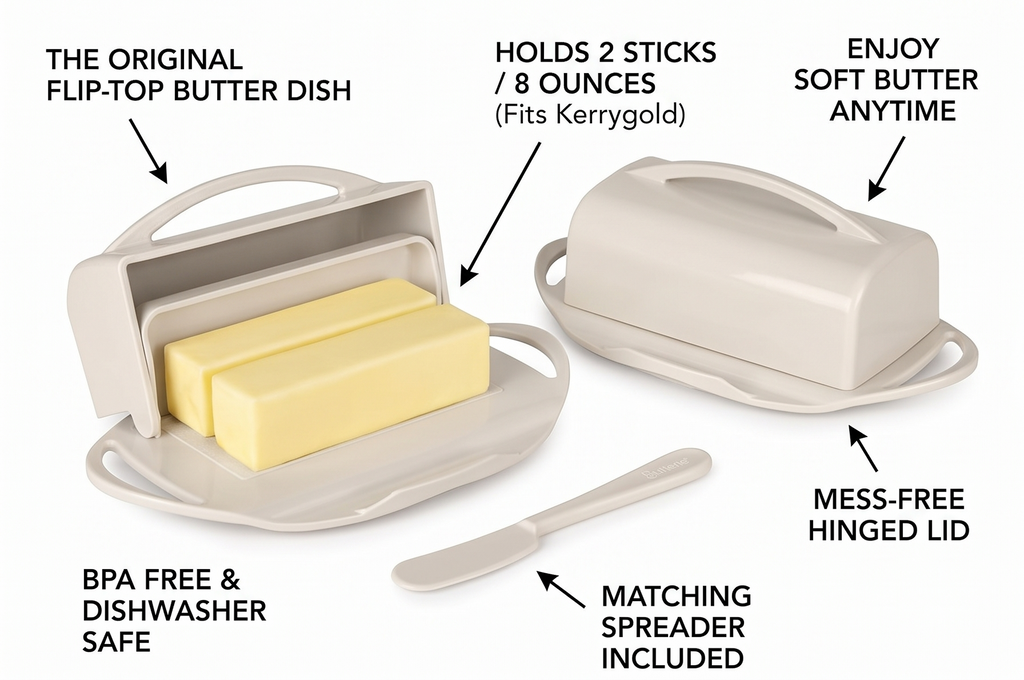 Butterie Flip Top Butter Dish with Attached Lid & Matching Knife - Holds 2 Sticks, Fits Kerrygold/European Butter - BPA Free & Dishwasher Safe - Ivory