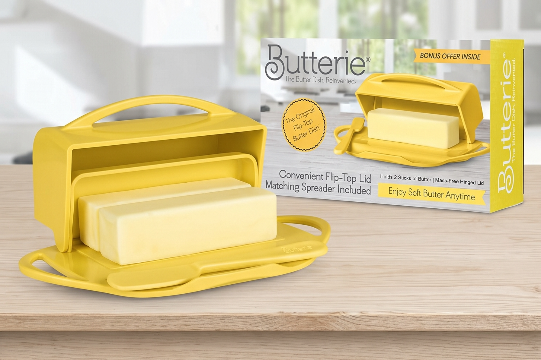 Butterie Flip Top Butter Dish with Attached Lid & Matching Knife - Holds 2 Sticks, Fits Kerrygold/European Butter - BPA Free & Dishwasher Safe - Yellow