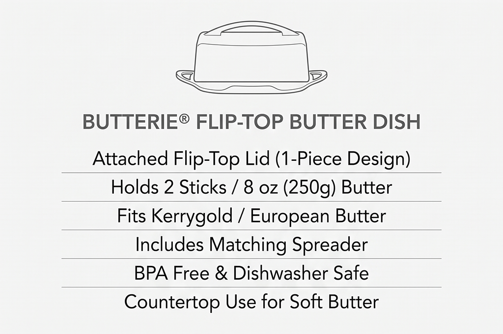 Butterie Flip Top Butter Dish with Attached Lid & Matching Knife - Holds 2 Sticks, Fits Kerrygold/European Butter - BPA Free & Dishwasher Safe - Yellow