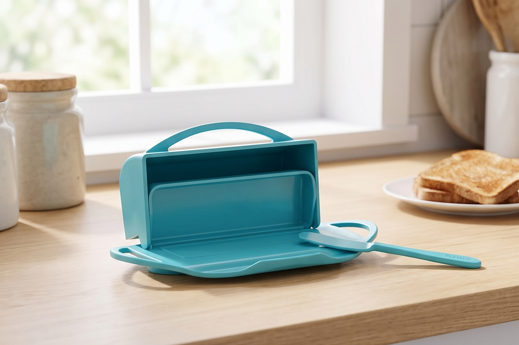 Butterie Flip Top Butter Dish with Attached Lid & Matching Knife - Holds 2 Sticks, Fits Kerrygold/European Butter - BPA Free & Dishwasher Safe - Aqua