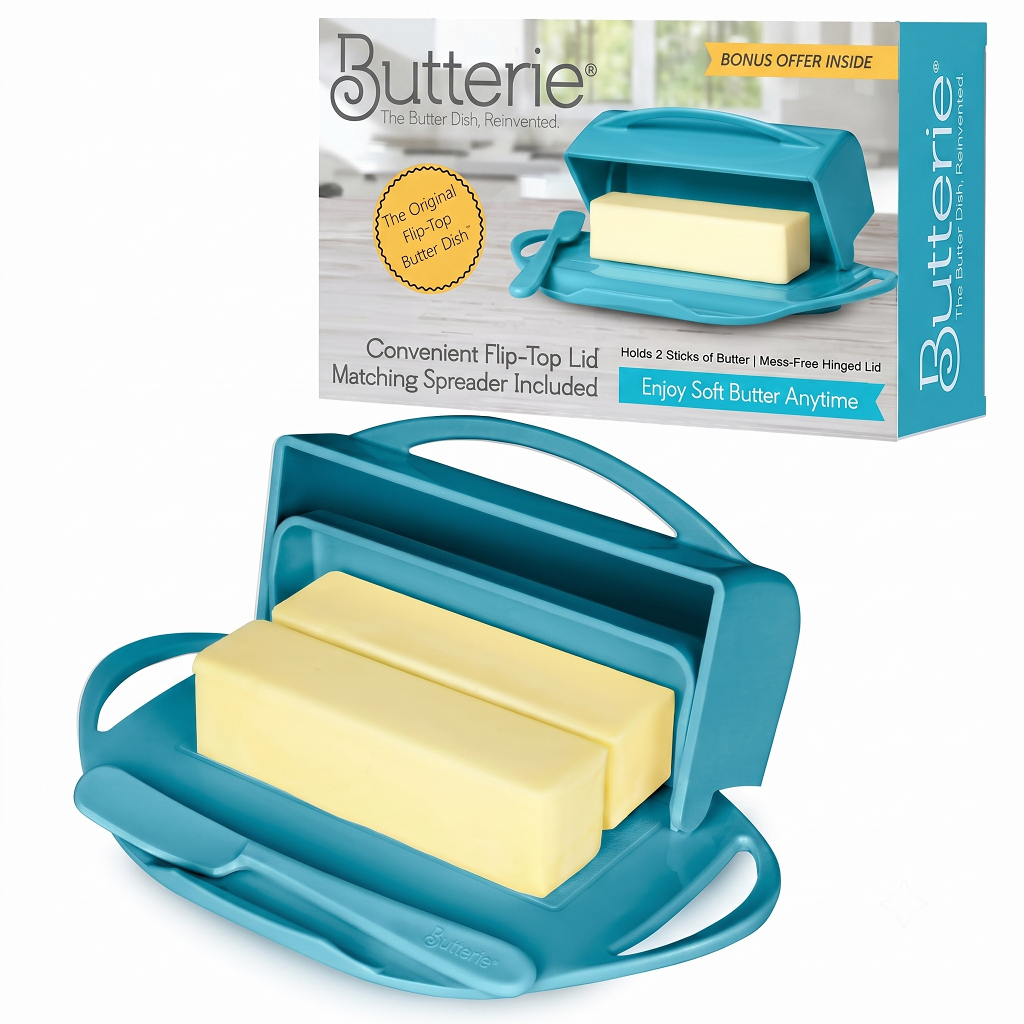 Butterie Flip Top Butter Dish with Attached Lid & Matching Knife - Holds 2 Sticks, Fits Kerrygold/European Butter - BPA Free & Dishwasher Safe - Aqua