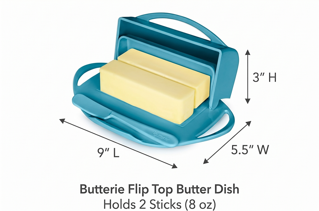 Butterie Flip Top Butter Dish with Attached Lid & Matching Knife - Holds 2 Sticks, Fits Kerrygold/European Butter - BPA Free & Dishwasher Safe - Aqua