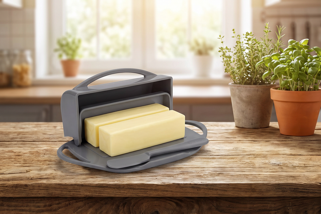 Butterie Flip Top Butter Dish with Attached Lid & Matching Knife - Holds 2 Sticks, Fits Kerrygold/European Butter - BPA Free & Dishwasher Safe - Gray
