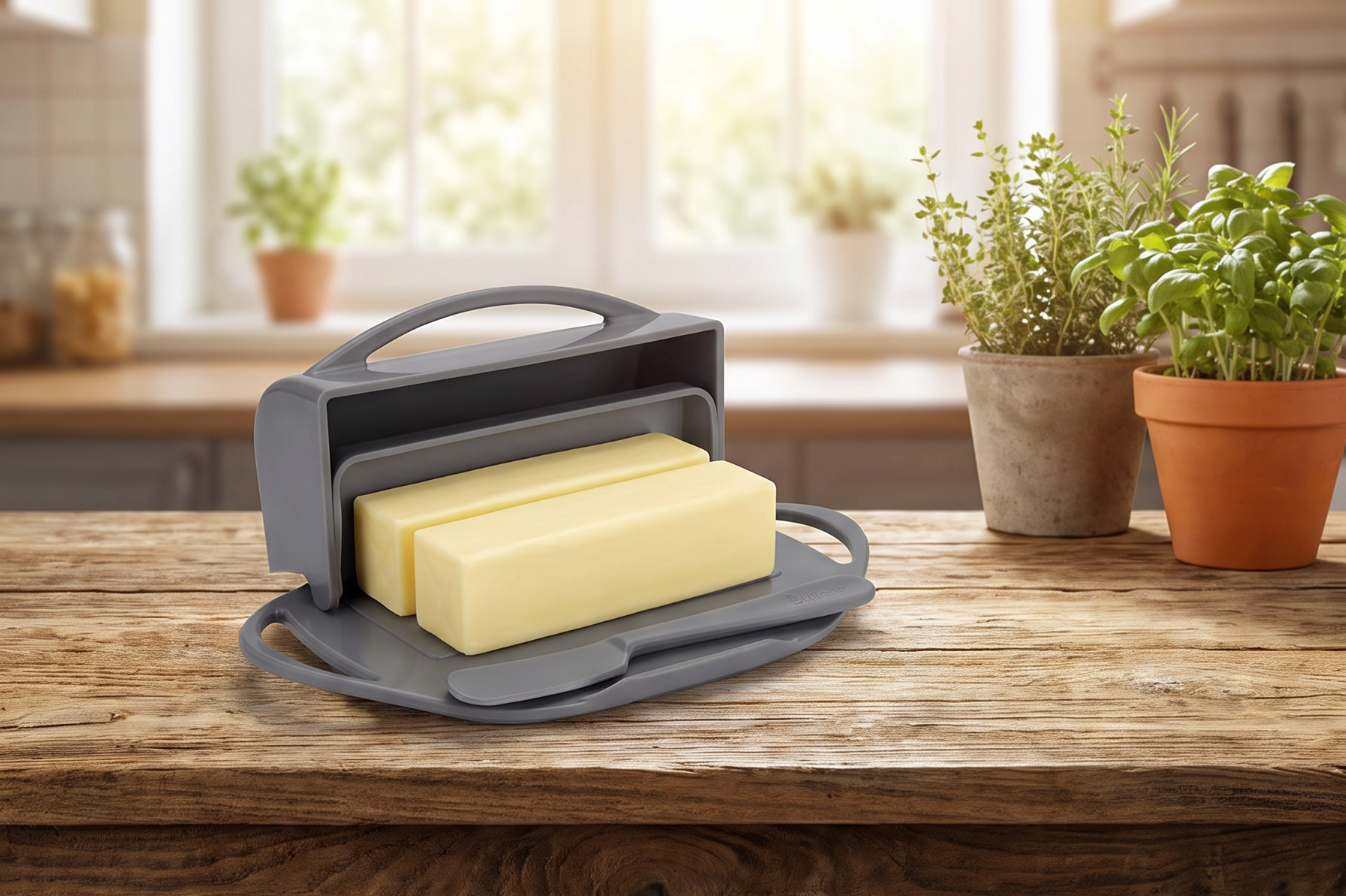 Butterie Flip Top Butter Dish with Attached Lid & Matching Knife - Holds 2 Sticks, Fits Kerrygold/European Butter - BPA Free & Dishwasher Safe - Gray