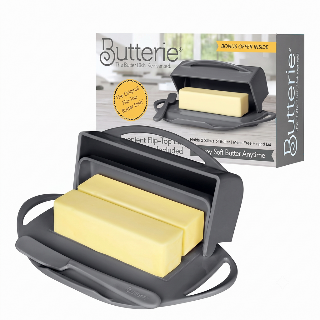Butterie Flip Top Butter Dish with Attached Lid & Matching Knife - Holds 2 Sticks, Fits Kerrygold/European Butter - BPA Free & Dishwasher Safe - Gray