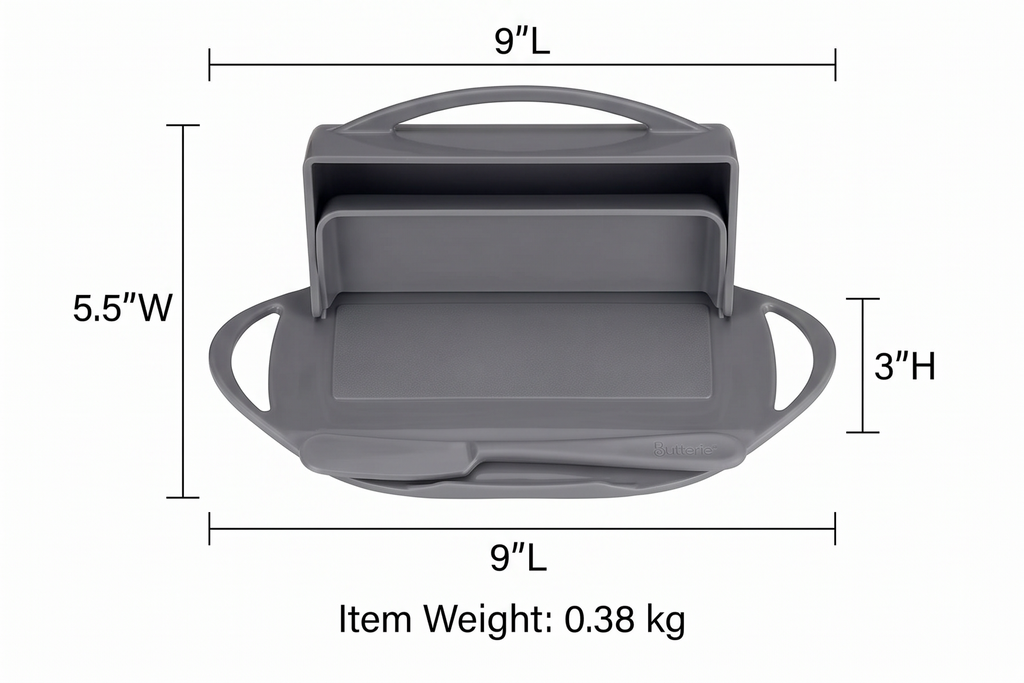 Butterie Flip Top Butter Dish with Attached Lid & Matching Knife - Holds 2 Sticks, Fits Kerrygold/European Butter - BPA Free & Dishwasher Safe - Gray