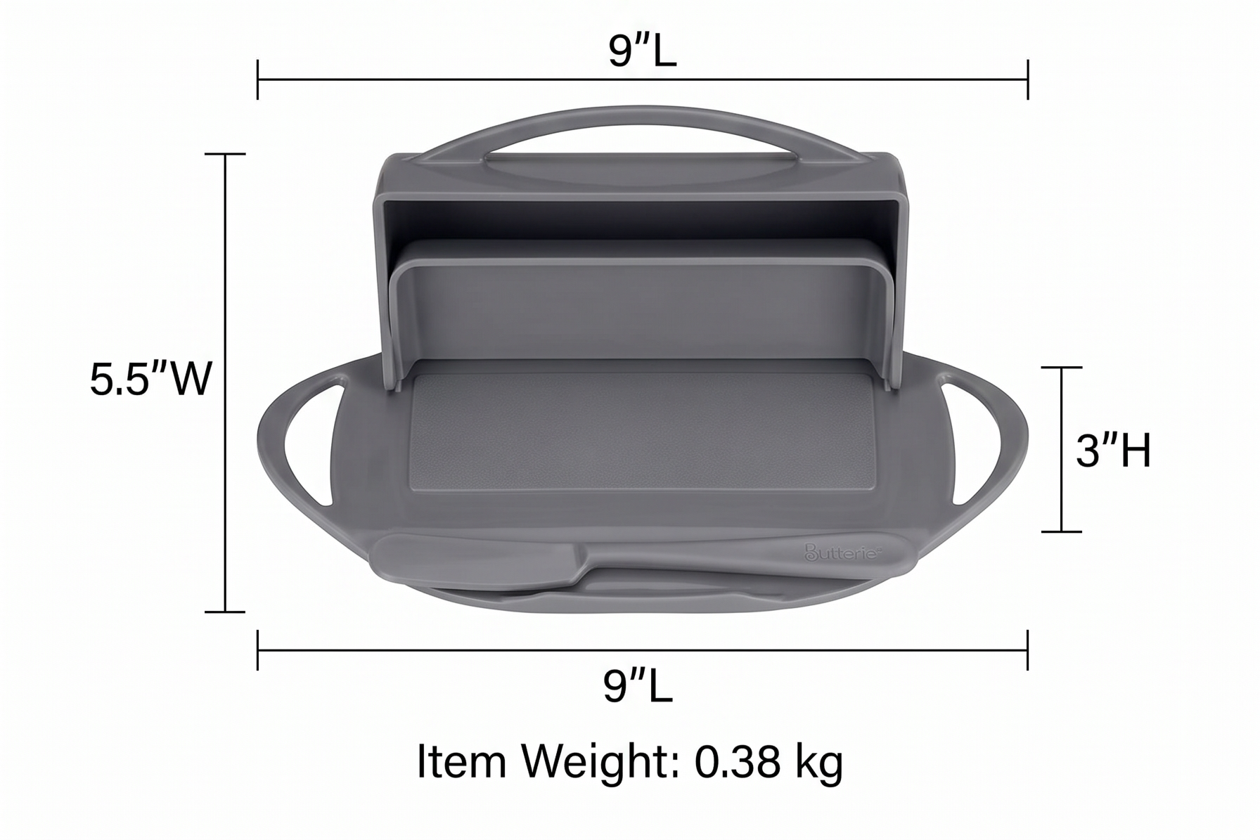 Butterie Flip Top Butter Dish with Attached Lid & Matching Knife - Holds 2 Sticks, Fits Kerrygold/European Butter - BPA Free & Dishwasher Safe - Gray