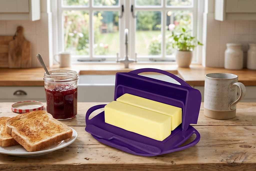 Butterie Flip Top Butter Dish with Attached Lid & Matching Knife - Holds 2 Sticks, Fits Kerrygold/European Butter - BPA Free & Dishwasher Safe - Purple