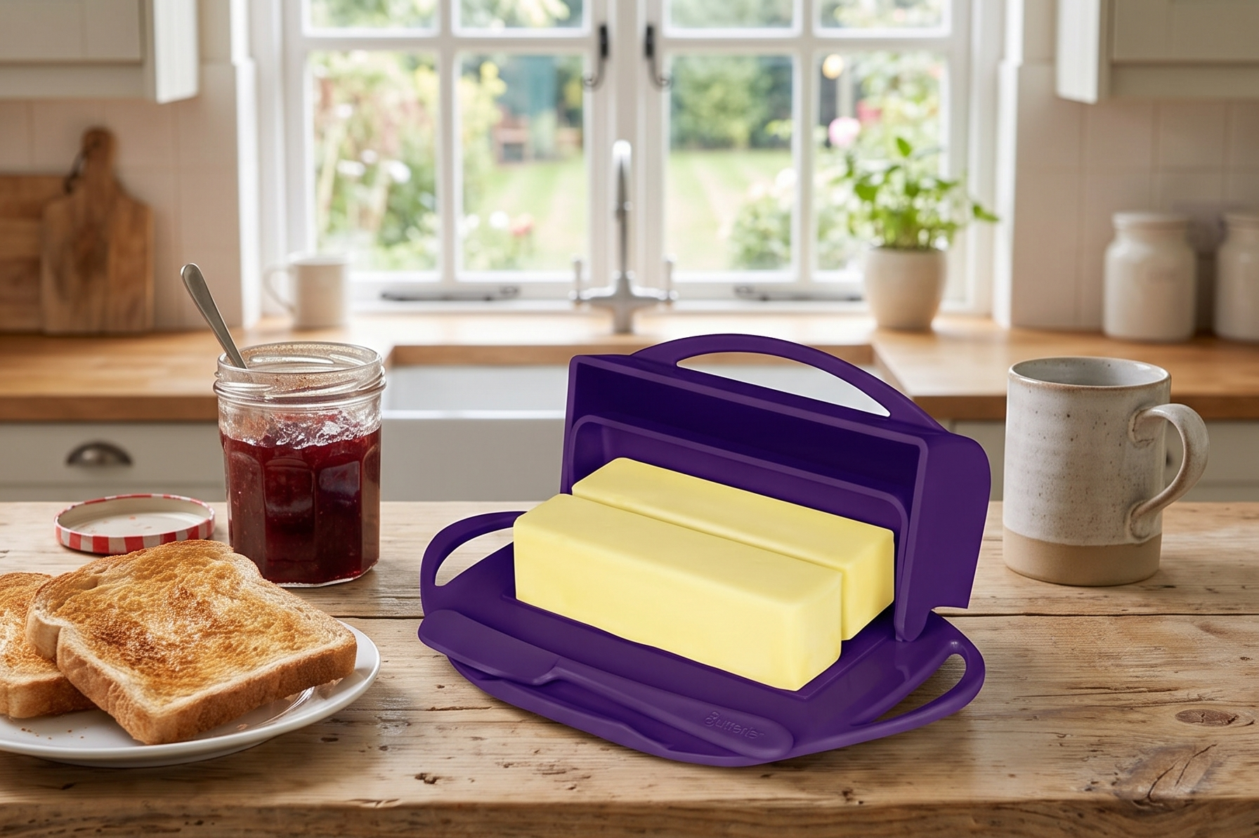 Butterie Flip Top Butter Dish with Attached Lid & Matching Knife - Holds 2 Sticks, Fits Kerrygold/European Butter - BPA Free & Dishwasher Safe - Purple