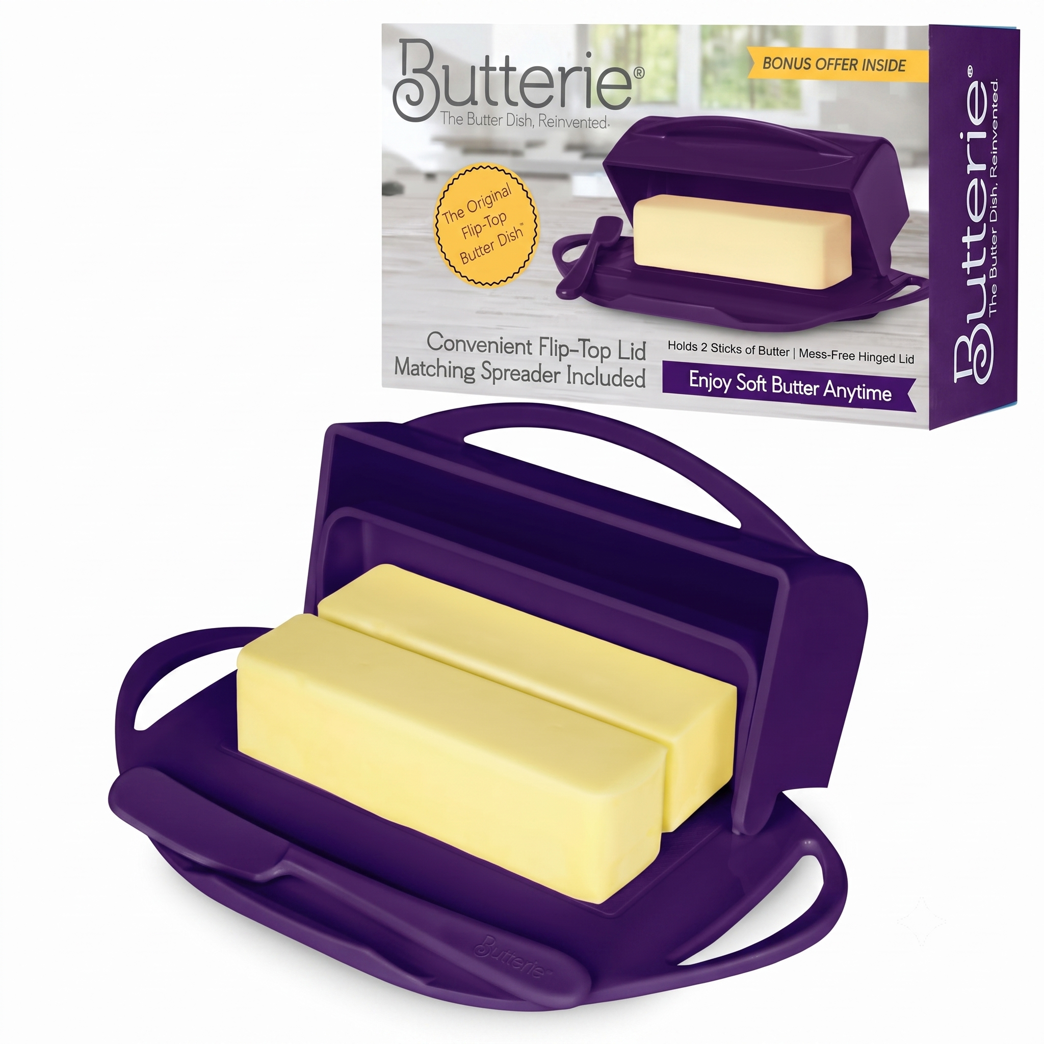 Butterie Flip Top Butter Dish with Attached Lid & Matching Knife - Holds 2 Sticks, Fits Kerrygold/European Butter - BPA Free & Dishwasher Safe - Purple