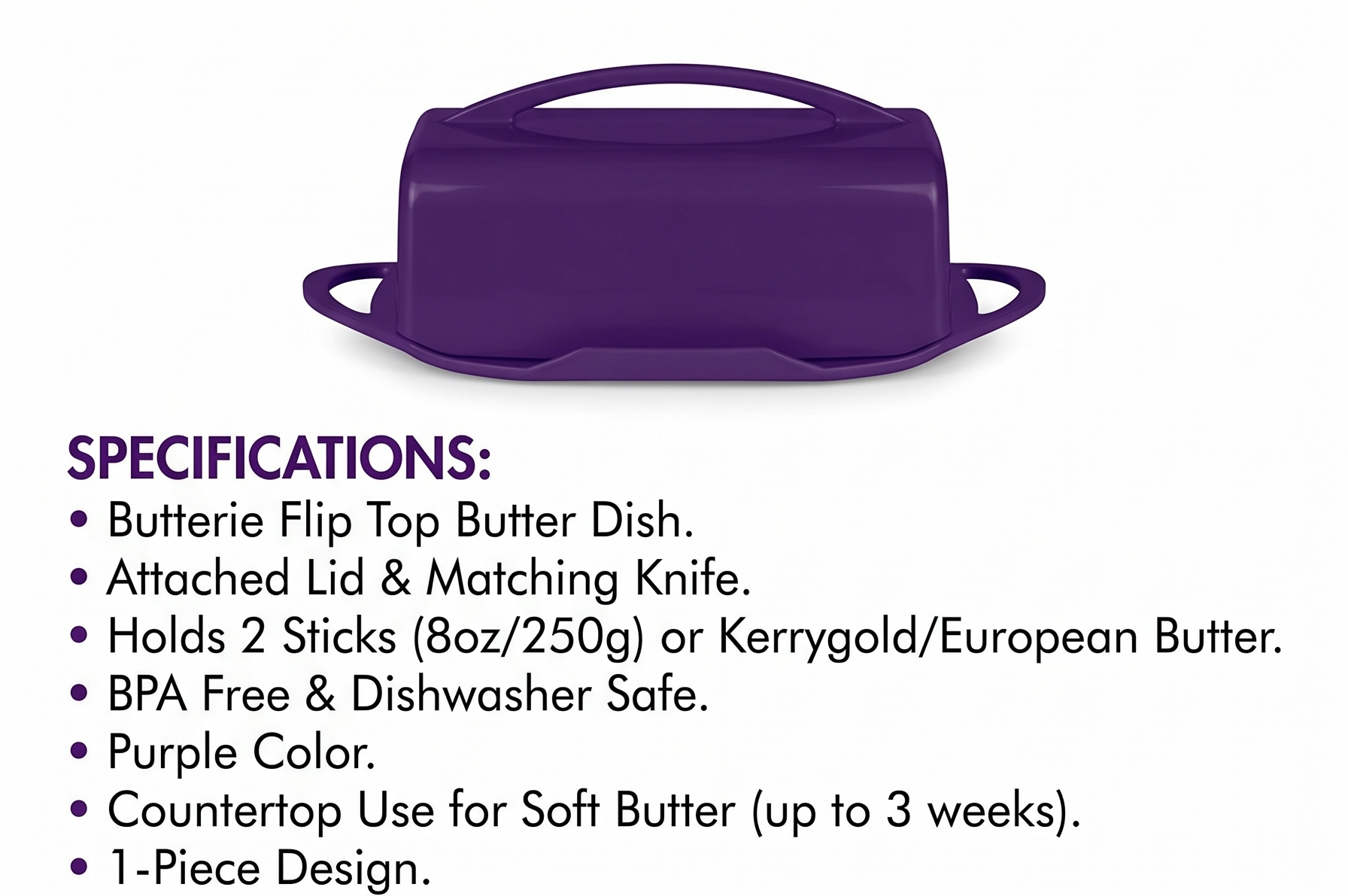 Butterie Flip Top Butter Dish with Attached Lid & Matching Knife - Holds 2 Sticks, Fits Kerrygold/European Butter - BPA Free & Dishwasher Safe - Purple
