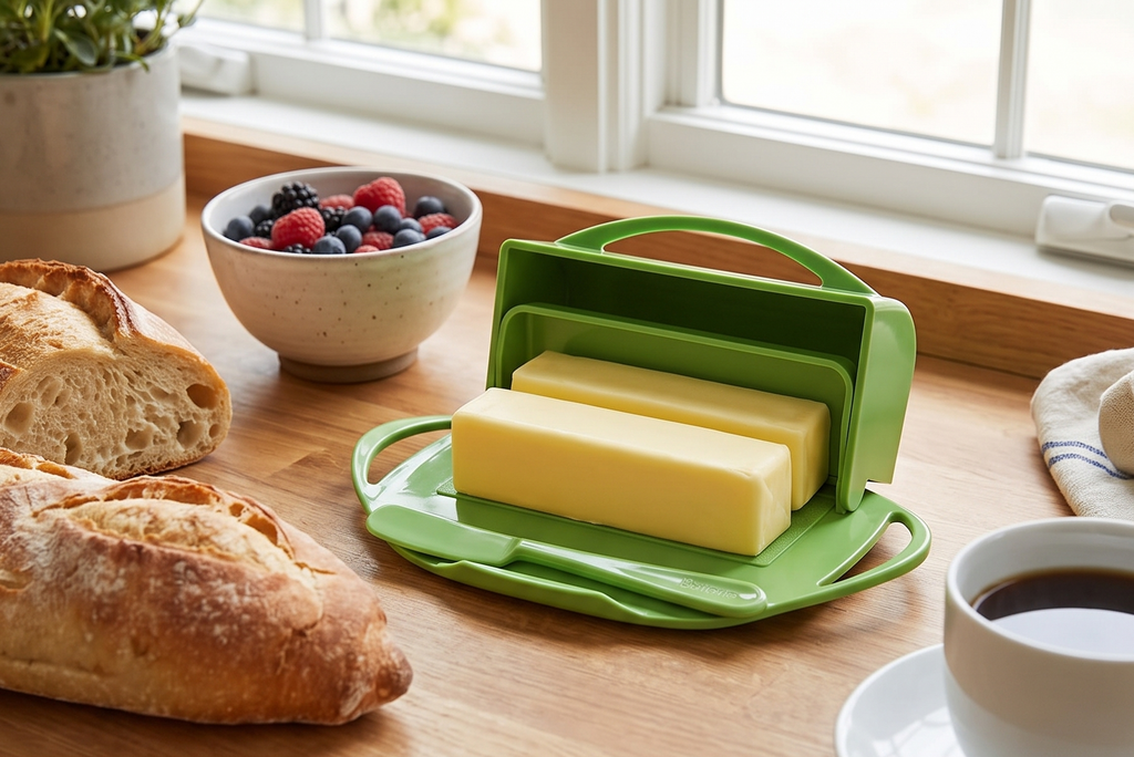 Butterie Flip Top Butter Dish with Attached Lid & Matching Knife - Holds 2 Sticks, Fits Kerrygold/European Butter - BPA Free & Dishwasher Safe - Green
