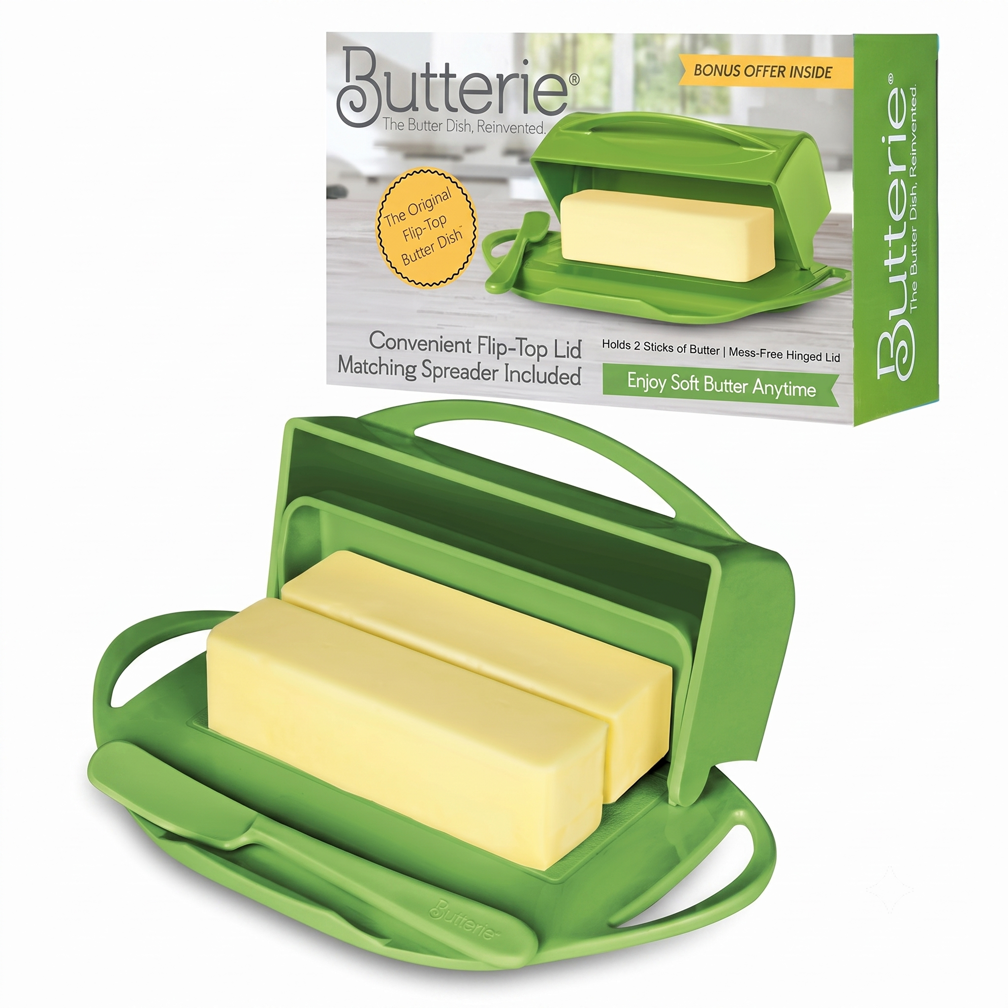 Butterie Flip Top Butter Dish with Attached Lid & Matching Knife - Holds 2 Sticks, Fits Kerrygold/European Butter - BPA Free & Dishwasher Safe - Green