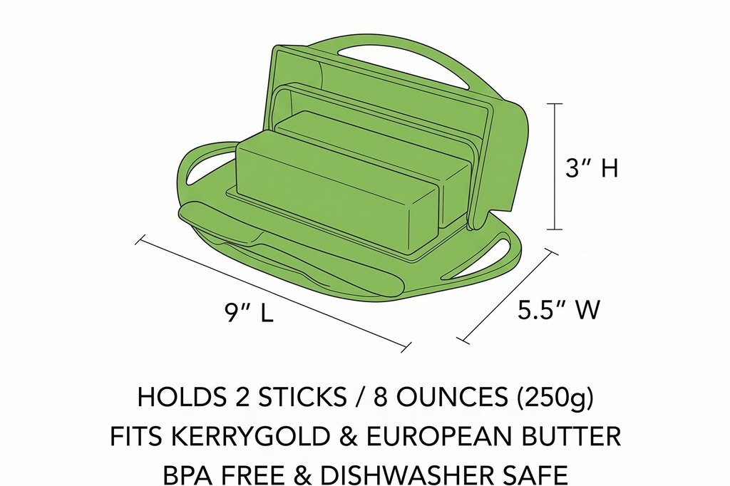 Butterie Flip Top Butter Dish with Attached Lid & Matching Knife - Holds 2 Sticks, Fits Kerrygold/European Butter - BPA Free & Dishwasher Safe - Green